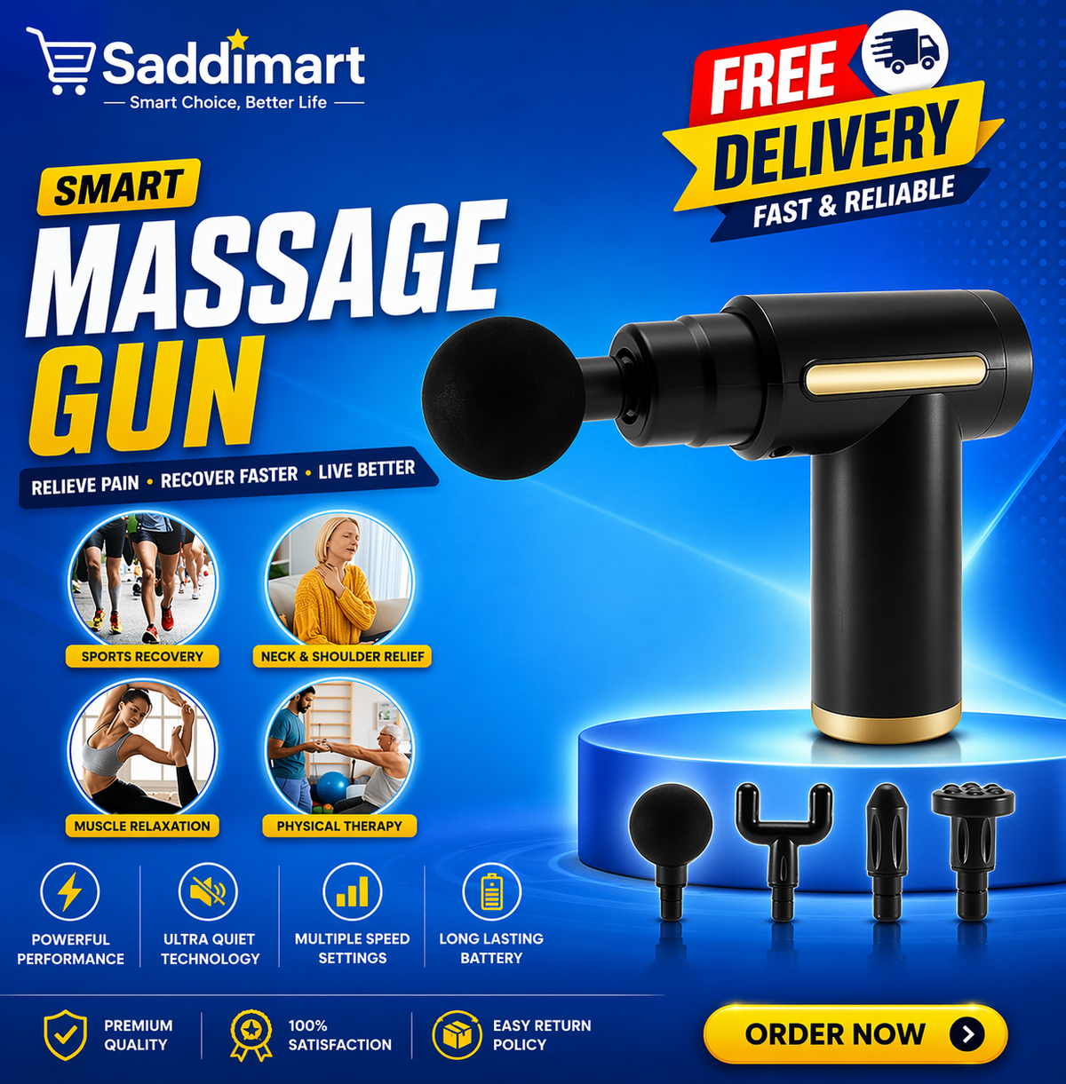 Professional Smart Percussion Massage Gun – High-Intensity Deep Tissue Muscle Masser With 4 Interchangeable Heads