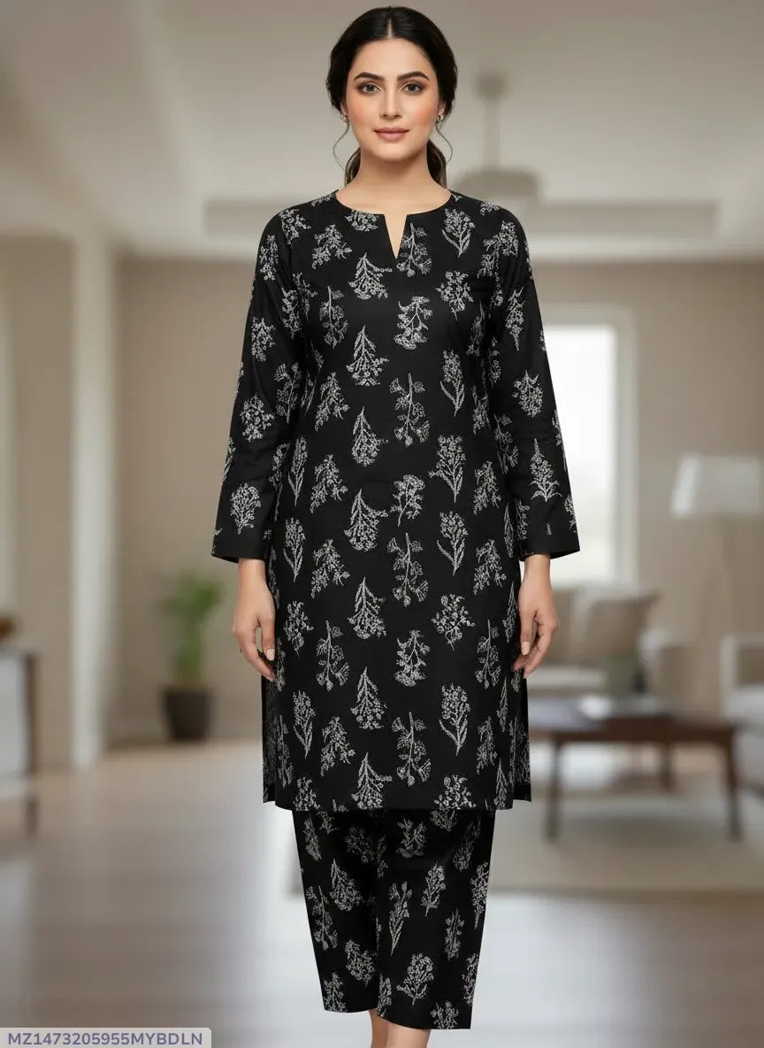 Women Black Printed 2-Piece Suit Micro Polo Cotton