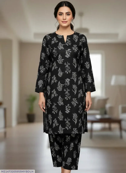 Women Black Printed 2-Piece Suit Micro Polo Cotton