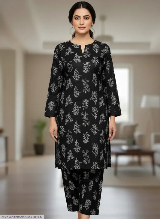 Women Black Printed 2-Piece Suit Micro Polo Cotton