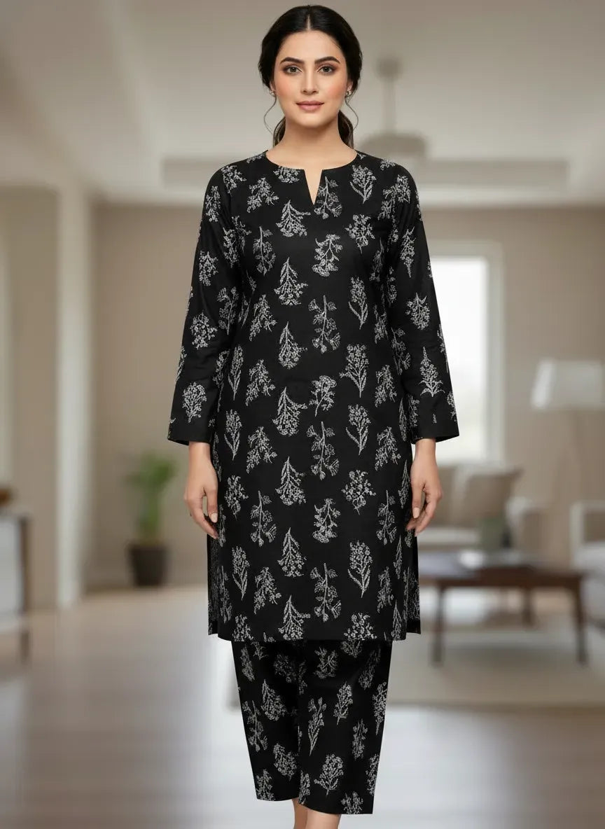 Women Black Printed 2-Piece Suit Micro Polo Cotton