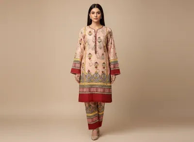 Women Unstitched Printed Suit Pink Polo Cotton 2 Pcs