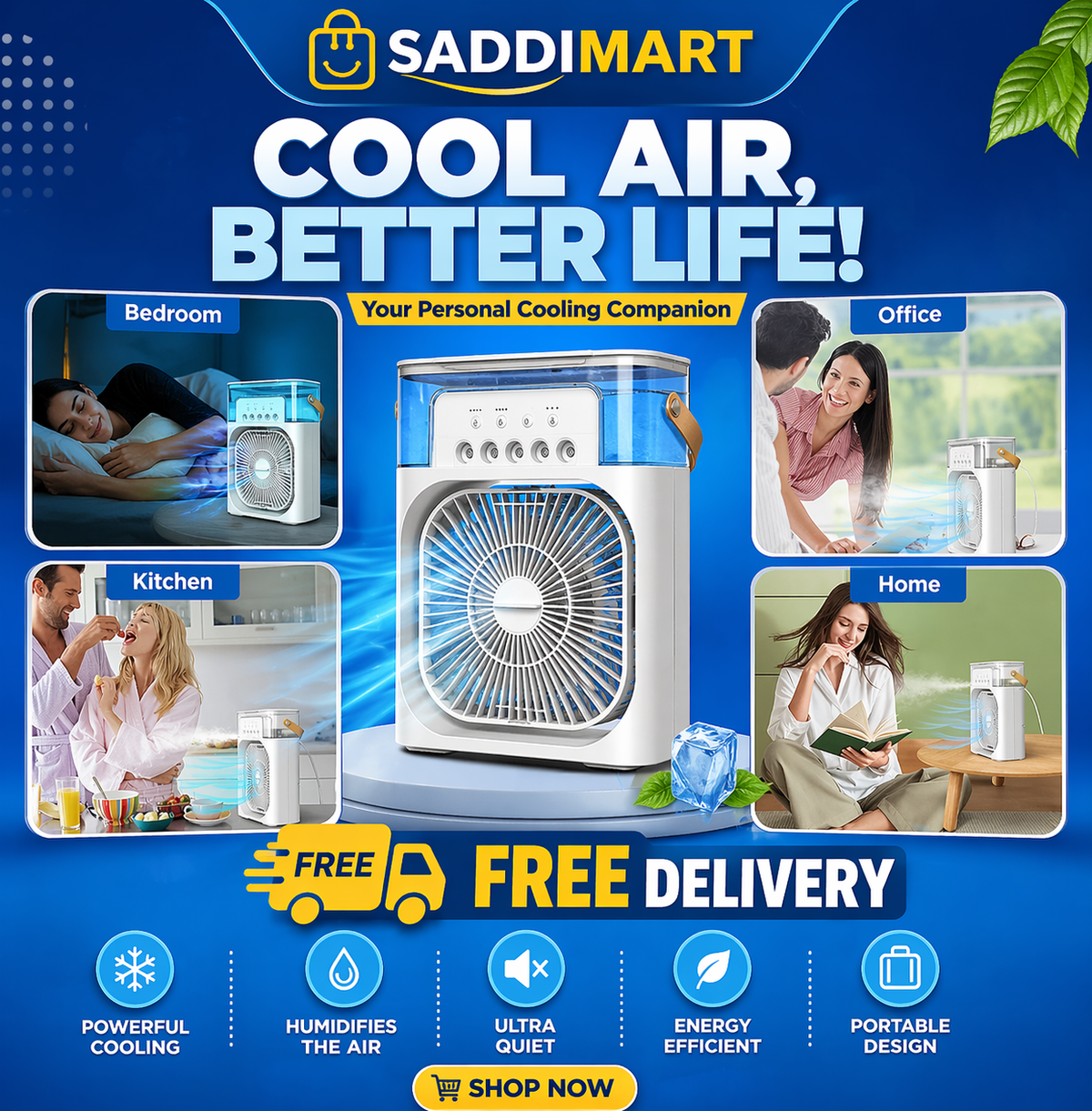 Portable Air Conditioner Fan USB Electric Fan with LED Night Light, Fine Mist Water, and Humidifier Function | Led Night Light Water Mist - 10 inch Big Size (Random Color)