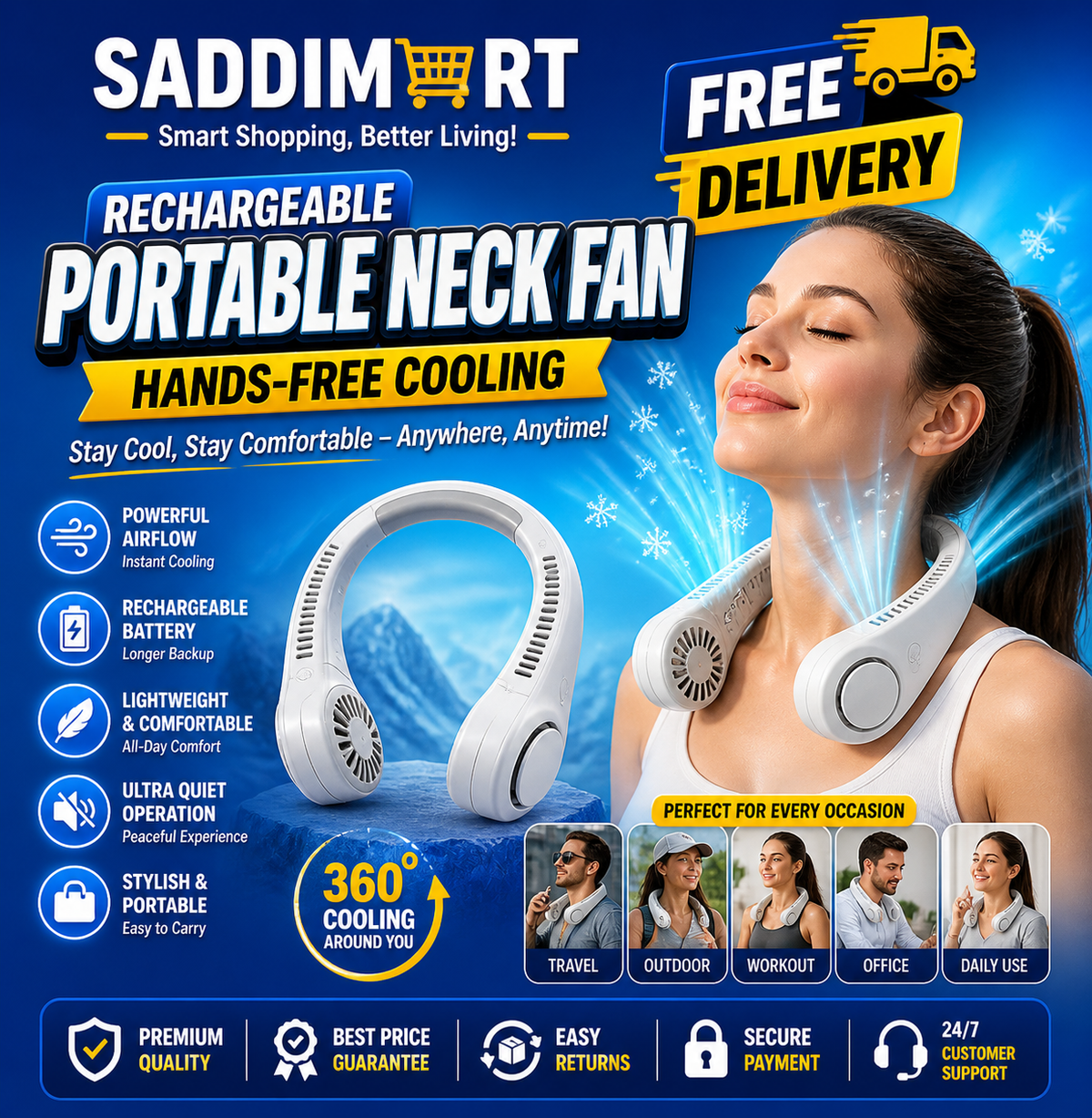 Rechargeable Portable Neck Fan, Hands-free Cooling