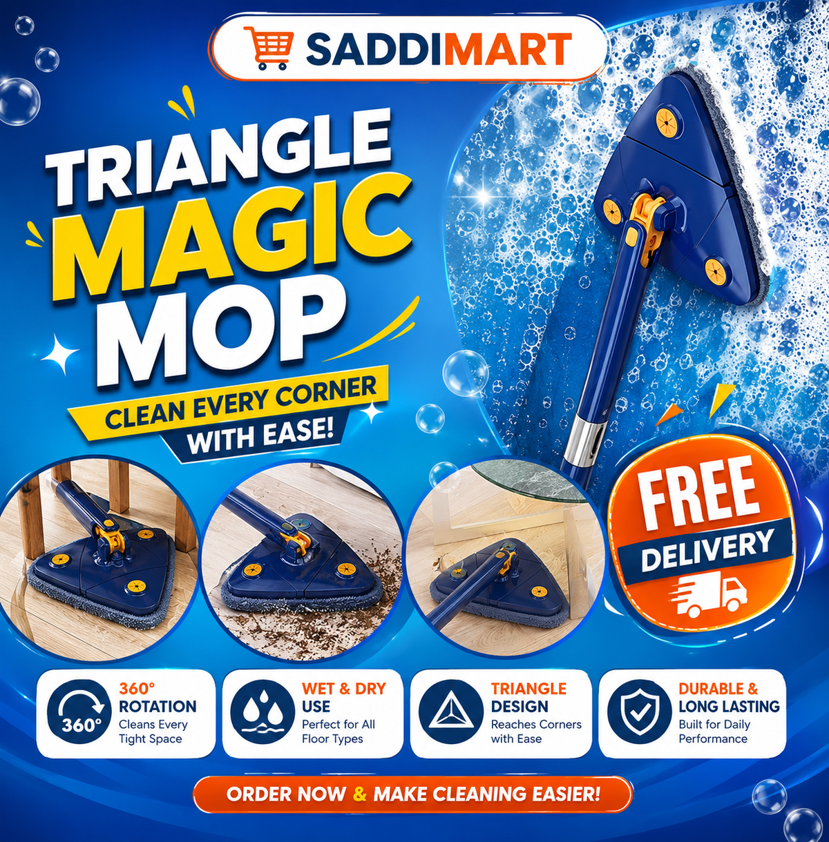 360° Rotatable Triangle Mop – Adjustable Long Handle Floor & Wall Cleaner